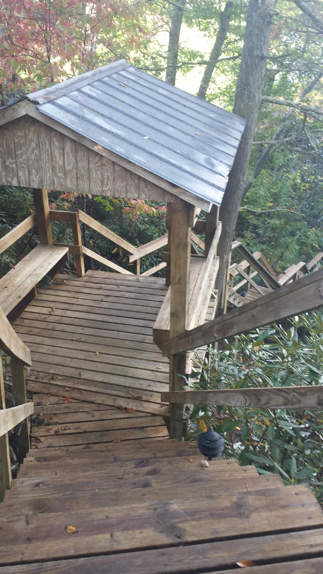 Metal roofed shelter over wooden steps on a wooded walkway — Skylight Repair & Installation work by our crew in Cosmos